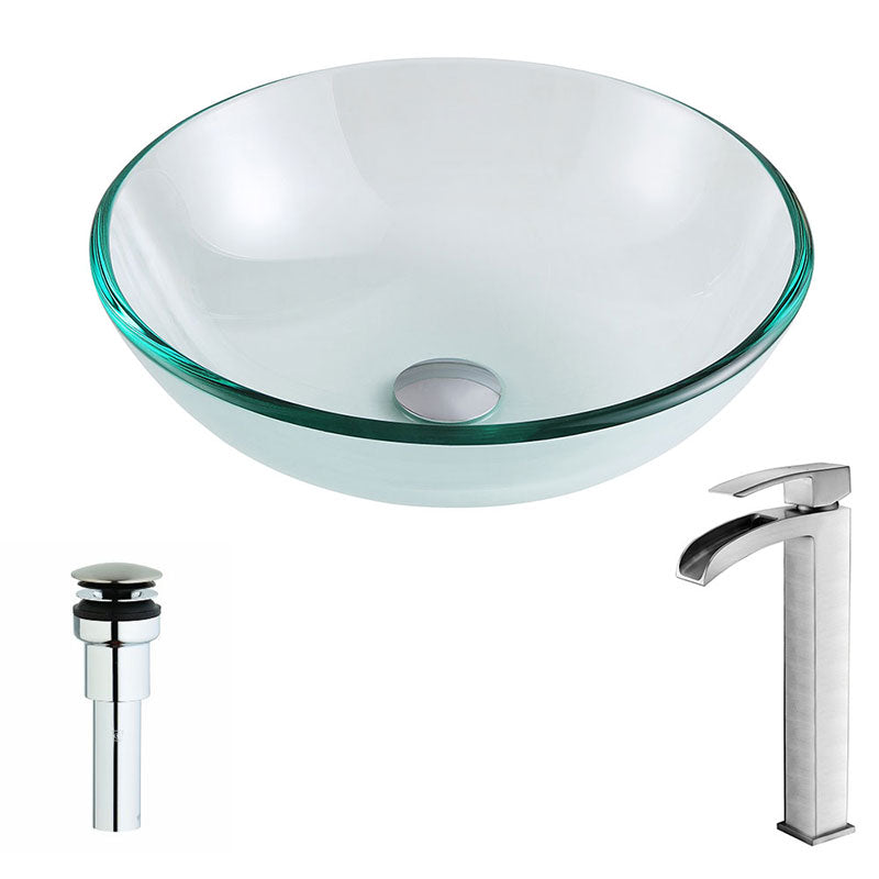 Anzzi Etude Series Deco-Glass Vessel Sink in Lustrous Clear with Key Faucet in Brushed Nickel