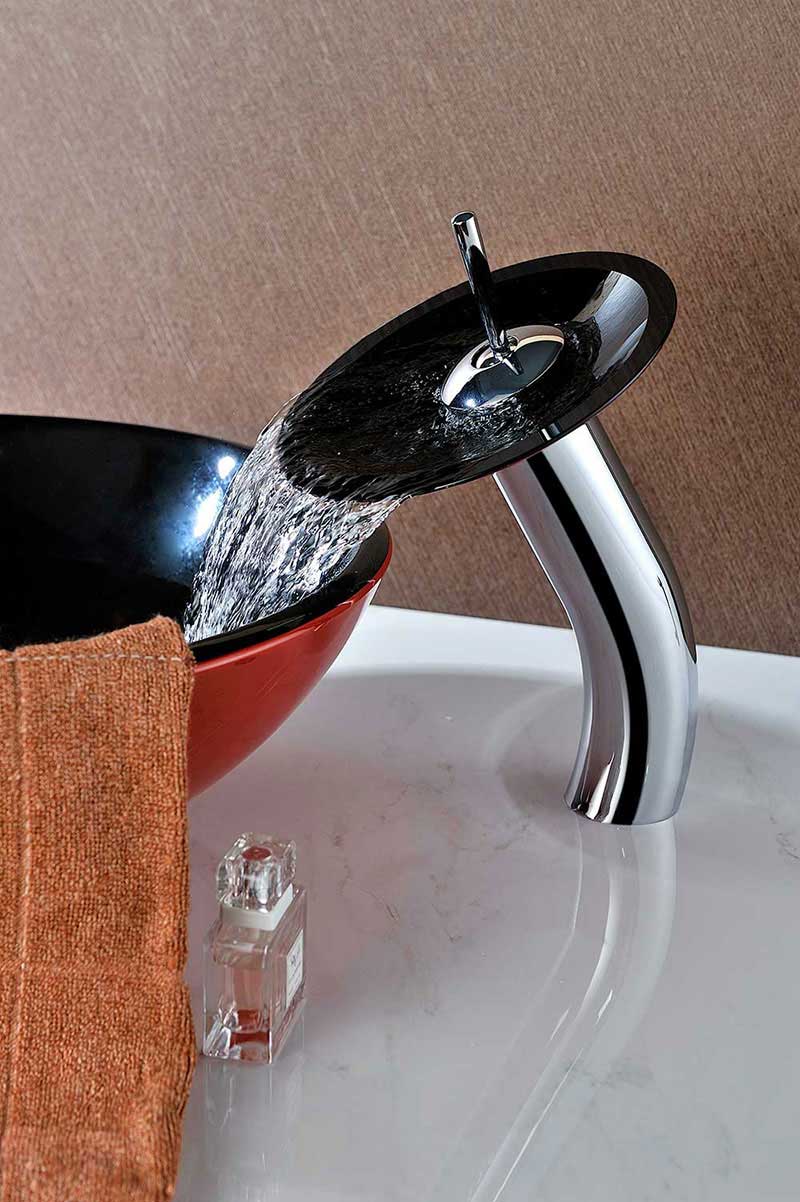 Anzzi Chord Series Deco-Glass Vessel Sink in Lustrous Black and Red with Matching Chrome Waterfall Faucet 8