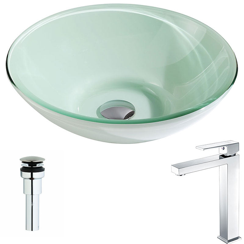 Anzzi Sonata Series Deco-Glass Vessel Sink in Lustrous Light Green with Enti Faucet in Polished Chrome