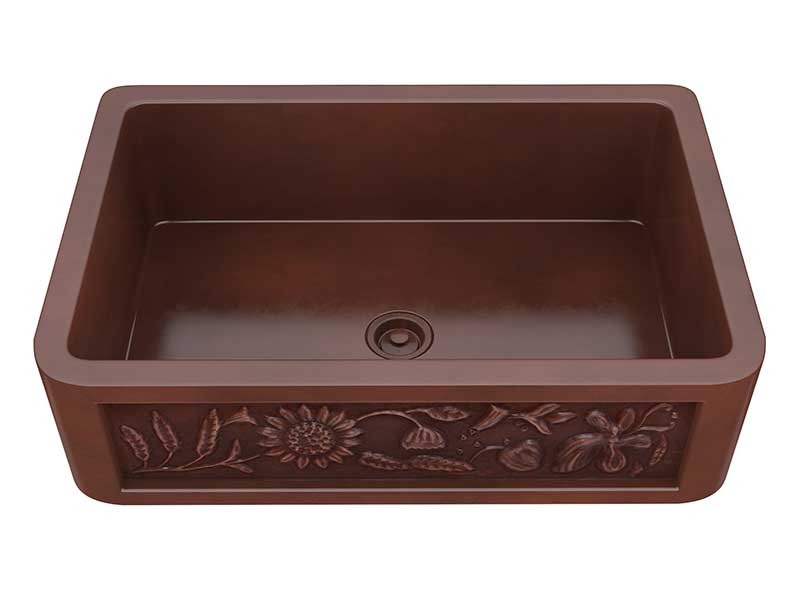 Anzzi Saint Farmhouse Handmade Copper 33 in. 0-Hole Single Bowl Kitchen Sink with Sunflower Design Panel in Polished Antique Copper K-AZ251
