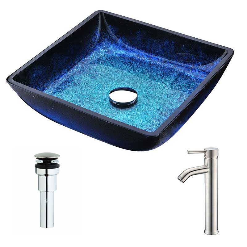 Anzzi Viace Series Deco-Glass Vessel Sink in Blazing Blue with Fann Faucet in Brushed Nickel