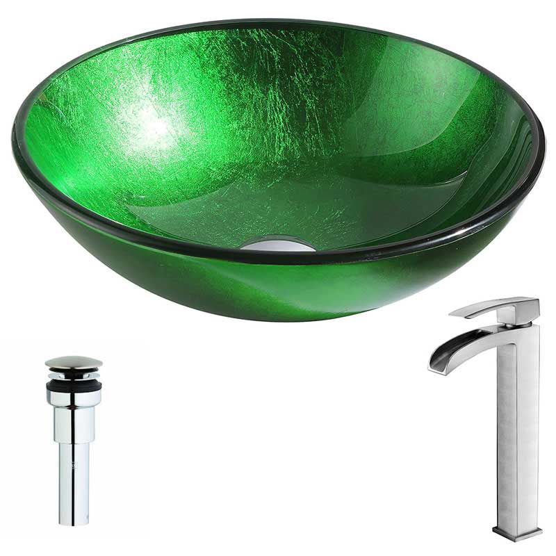 Anzzi Melody Series Deco-Glass Vessel Sink in Lustrous Green with Key Faucet in Brushed Nickel