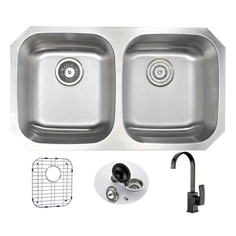 Anzzi MOORE Undermount Stainless Steel 32 in. Double Bowl Kitchen Sink and Faucet Set with Opus Faucet in Oil Rubbed Bronze