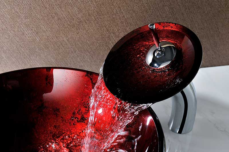 Anzzi Marumba Deco-Glass Vessel Sink in Tempered Red and Black with Matching Chrome Waterfall Faucet LS-AZ8089 6