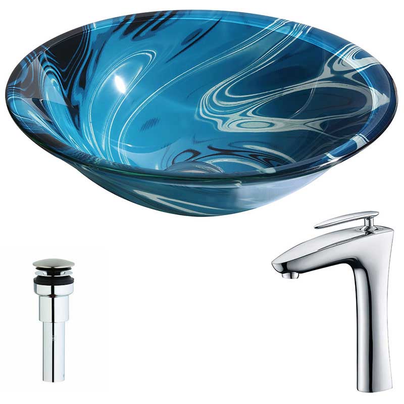 Anzzi Symphony Series Deco-Glass Vessel Sink in Lustrous Dark Blue Finish with Crown Faucet in Chrome