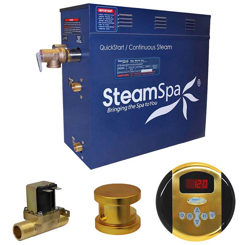 SteamSpa Oasis 4.5 KW QuickStart Acu-Steam Bath Generator Package with Built-in Auto Drain in Polished Gold