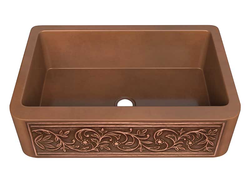 Anzzi Tripolis Farmhouse Handmade Copper 33 in. 0-Hole Single Bowl Kitchen Sink with Floral Design Panel in Polished Antique Copper SK-008 7