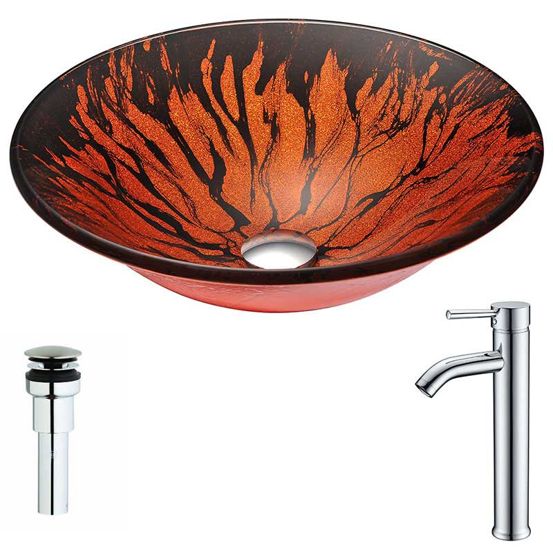 Anzzi Forte Series Deco-Glass Vessel Sink in Lustrous Red and Black with Fann Faucet in Chrome