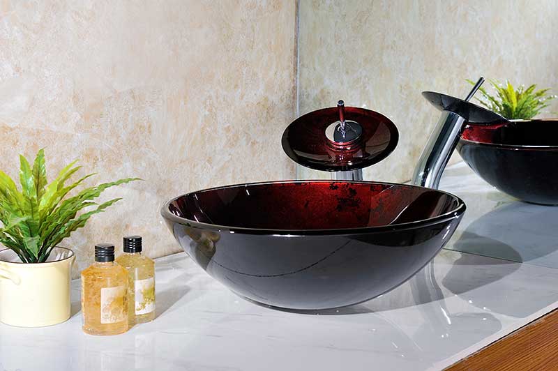 Anzzi Marumba Deco-Glass Vessel Sink in Tempered Red and Black with Matching Chrome Waterfall Faucet LS-AZ8089 2