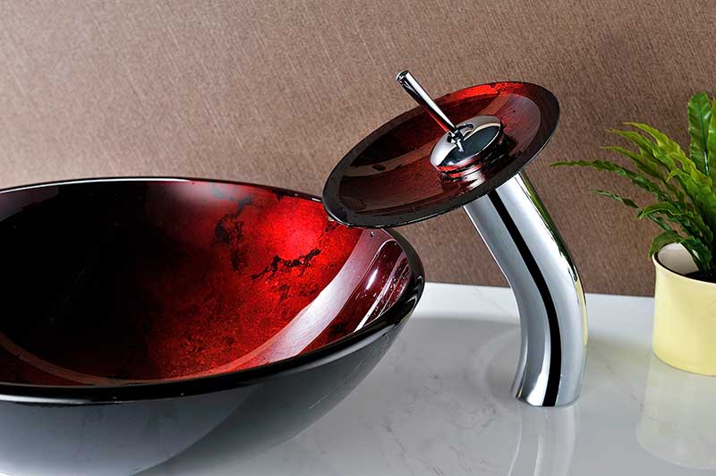 Anzzi Marumba Deco-Glass Vessel Sink in Tempered Red and Black with Matching Chrome Waterfall Faucet LS-AZ8089 8