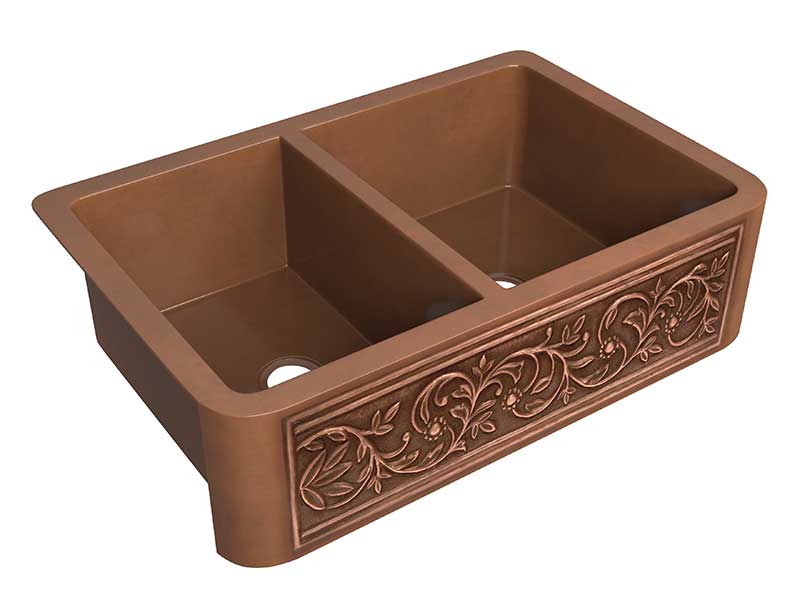 Anzzi Moesia Farmhouse Handmade Copper 33 in. 60/40 Double Bowl Kitchen Sink with Floral Design in Polished Antique Copper SK-010 6