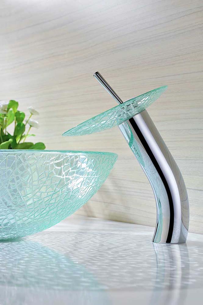 Anzzi Paeva Series Deco-Glass Vessel Sink in Crystal Clear Chipasi with Matching Chrome Waterfall Faucet LS-AZ8112 2