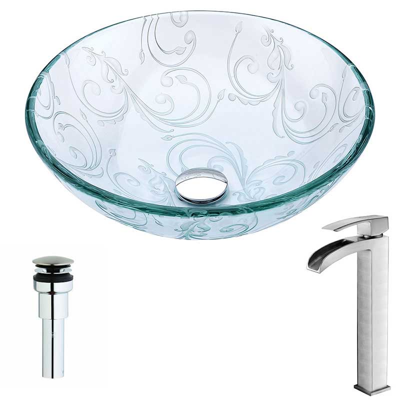 Anzzi Vieno Series Deco-Glass Vessel Sink in Crystal Clear Floral with Key Faucet in Brushed Nickel
