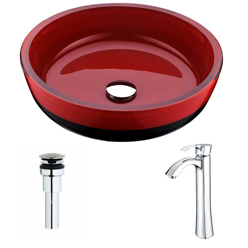 Anzzi Schnell Series Deco-Glass Vessel Sink in Lustrous Red and Black with Harmony Faucet in Chrome