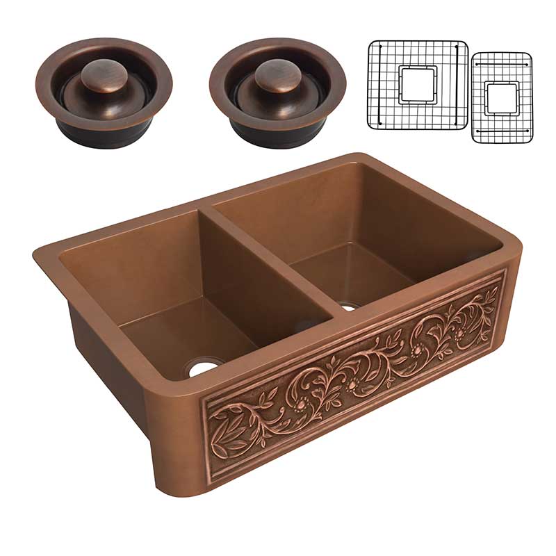 Anzzi Moesia Farmhouse Handmade Copper 33 in. 60/40 Double Bowl Kitchen Sink with Floral Design in Polished Antique Copper SK-010
