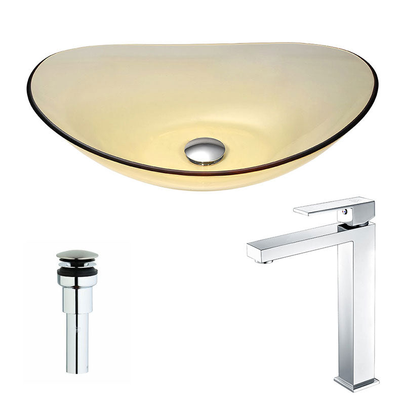 Anzzi Mesto Series Deco-Glass Vessel Sink in Lustrous Translucent Gold with Enti Faucet in Polished Chrome