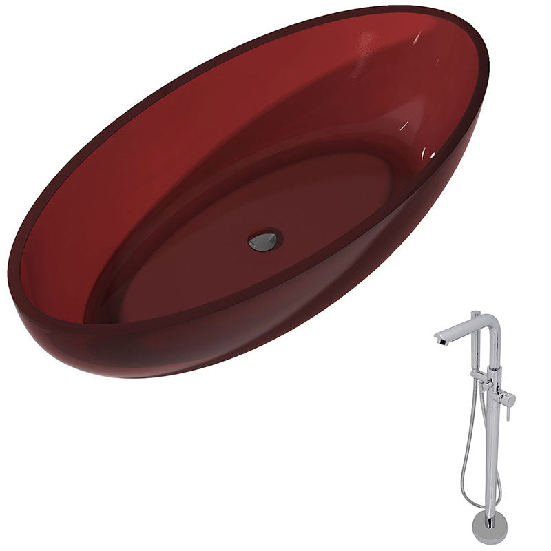 Anzzi Opal 5.6 ft. Man-Made Stone Freestanding Non-Whirlpool Bathtub in Deep Red and Sens Series Faucet in Chrome