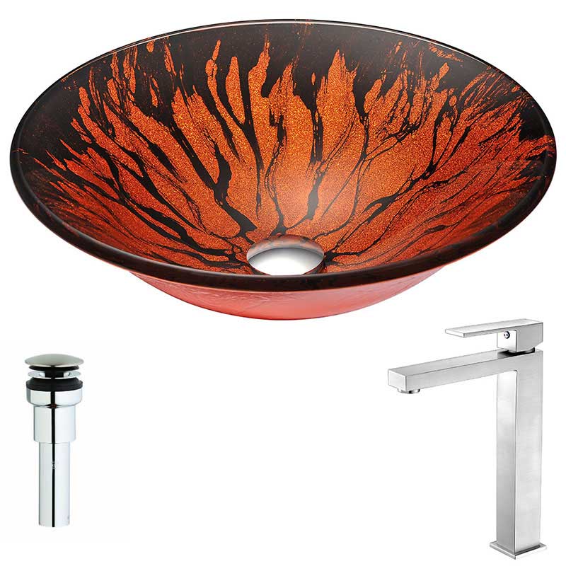 Anzzi Forte Series Deco-Glass Vessel Sink in Lustrous Red and Black with Enti Faucet in Brushed Nickel