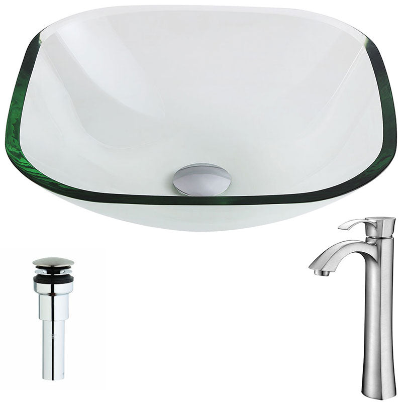 Anzzi Cadenza Series Deco-Glass Vessel Sink in Lustrous Clear with Harmony Faucet in Brushed Nickel