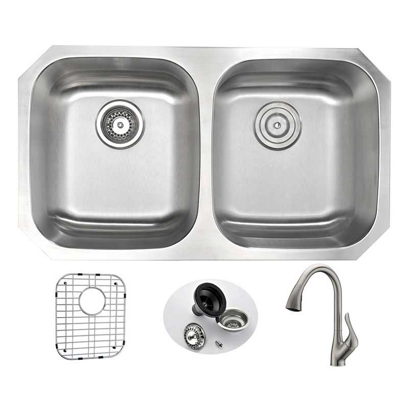Anzzi MOORE Undermount Stainless Steel 32 in. Double Bowl Kitchen Sink and Faucet Set with Accent Faucet in Brushed Nickel