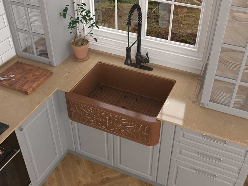 Anzzi Orchard Farmhouse Handmade Copper 30 in. 0-Hole Single Bowl Kitchen Sink with Flower Design Panel in Polished Antique Copper K-AZ253 3