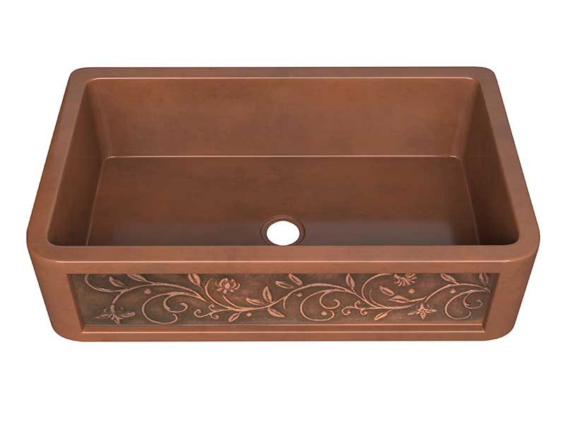 Anzzi Mytilene Farmhouse Handmade Copper 36 in. 0-Hole Single Bowl Kitchen Sink with Floral Design Panel in Polished Antique Copper SK-005 7