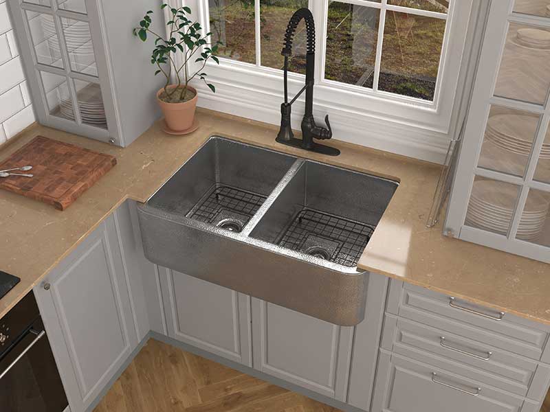 Anzzi Bengal Farmhouse Handmade Copper 33 in. 50/50 Double Bowl Kitchen Sink in Hammered Nickel SK-022 3