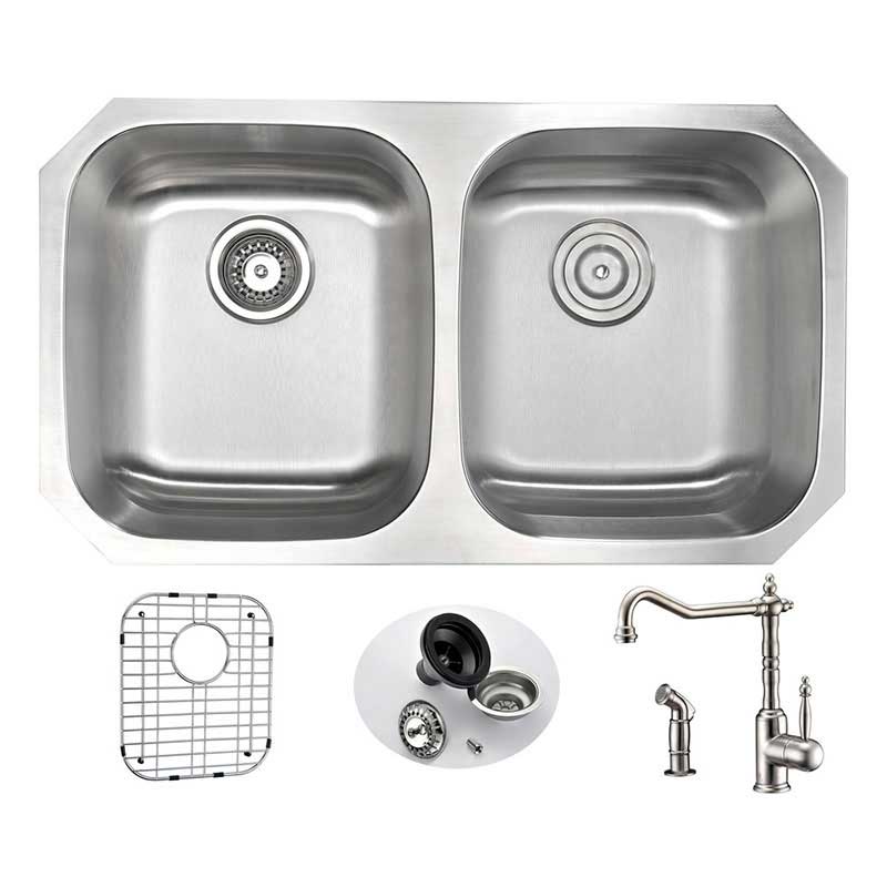 Anzzi MOORE Undermount Stainless Steel 32 in. Double Bowl Kitchen Sink and Faucet Set with Locke Faucet in Brushed Nickel