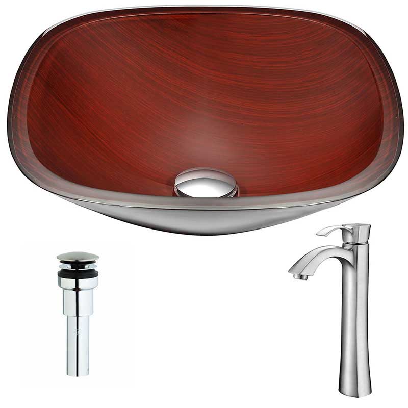 Anzzi Cansa Series Deco-Glass Vessel Sink in Rich Timber with Harmony Faucet in Brushed Nickel