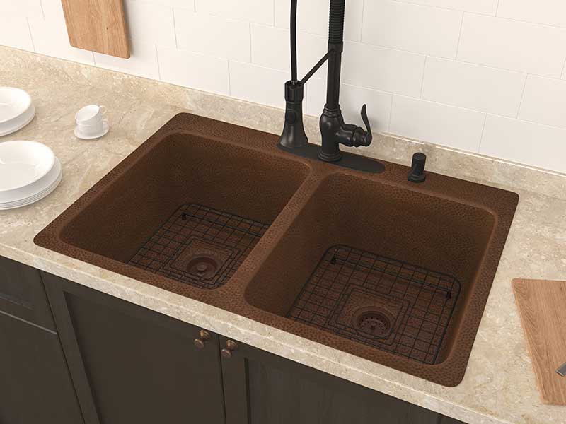 Anzzi Shore Drop-in Handmade Copper 33 in. 4-Hole 50/50 Double Bowl Kitchen Sink in Hammered Antique Copper K-AZ265 3