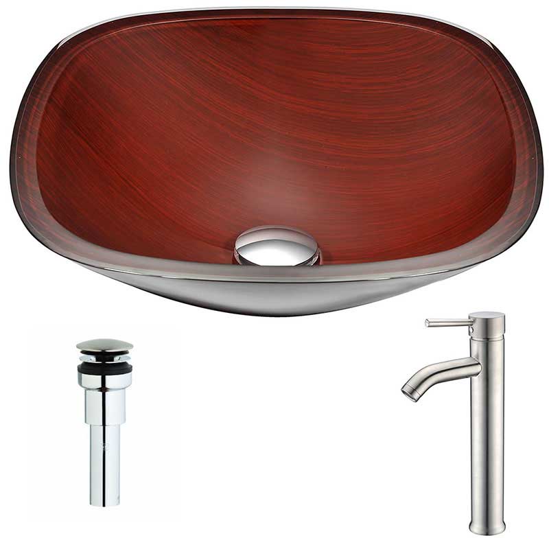 Anzzi Cansa Series Deco-Glass Vessel Sink in Rich Timber with Key Faucet in Brushed Nickel