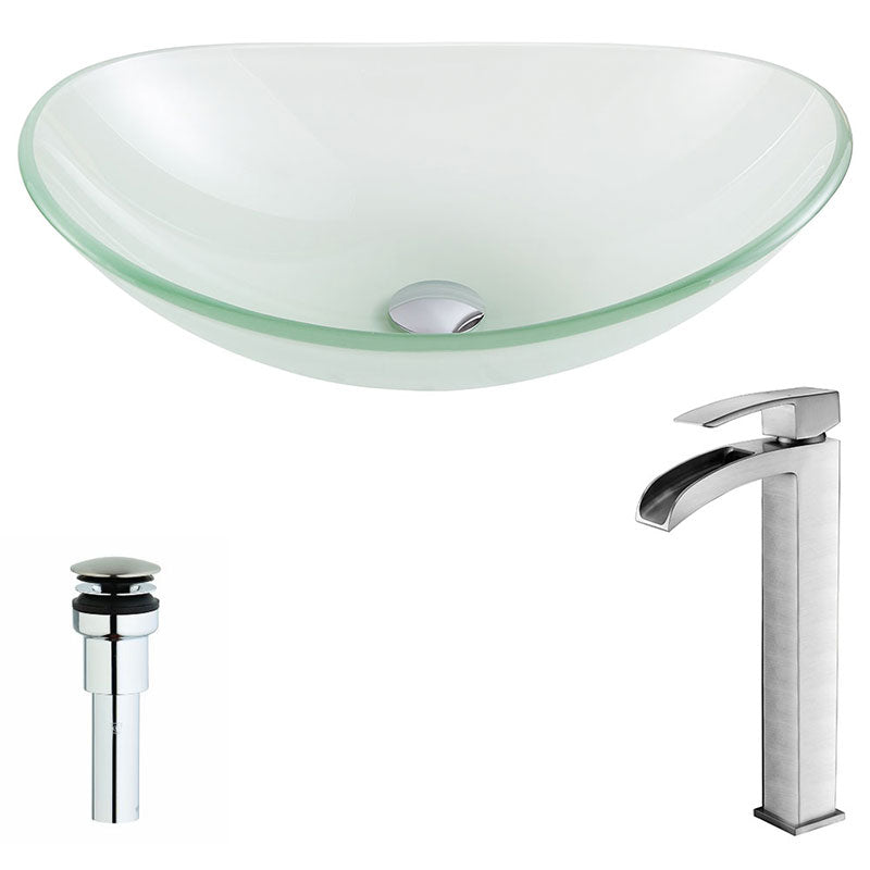 Anzzi Forza Series Deco-Glass Vessel Sink in Lustrous Frosted with Key Faucet in Brushed Nickel