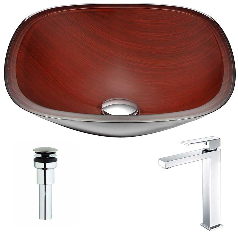 Anzzi Cansa Series Deco-Glass Vessel Sink in Rich Timber with Enti Faucet in Polished Chrome