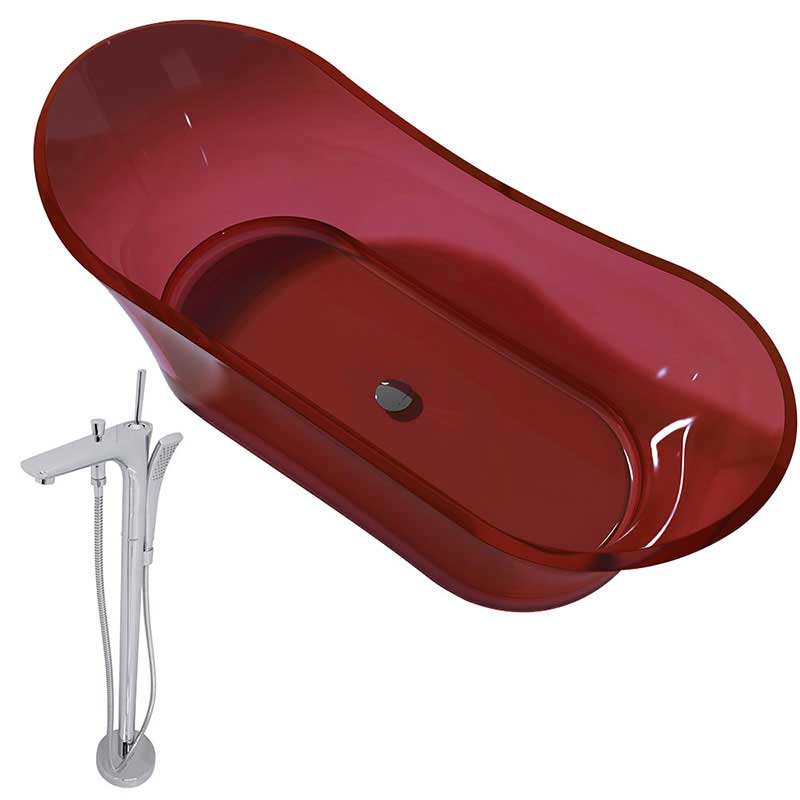 Anzzi Azul 5.8 ft. Man-Made Stone Center drain Freestanding Bathtub in Deep Red with Kase Freestanding Faucet in Chrome