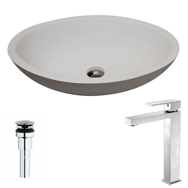 Anzzi Maine Series 1-Piece Man Made Stone Vessel Sink in Matte White with Enti Faucet in Brushed Nickel