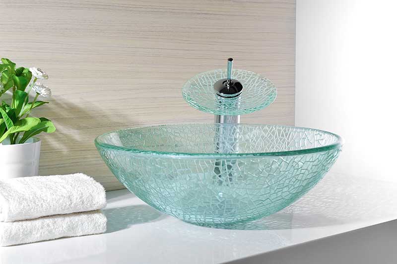 Anzzi Paeva Series Deco-Glass Vessel Sink in Crystal Clear Chipasi with Matching Chrome Waterfall Faucet LS-AZ8112 8