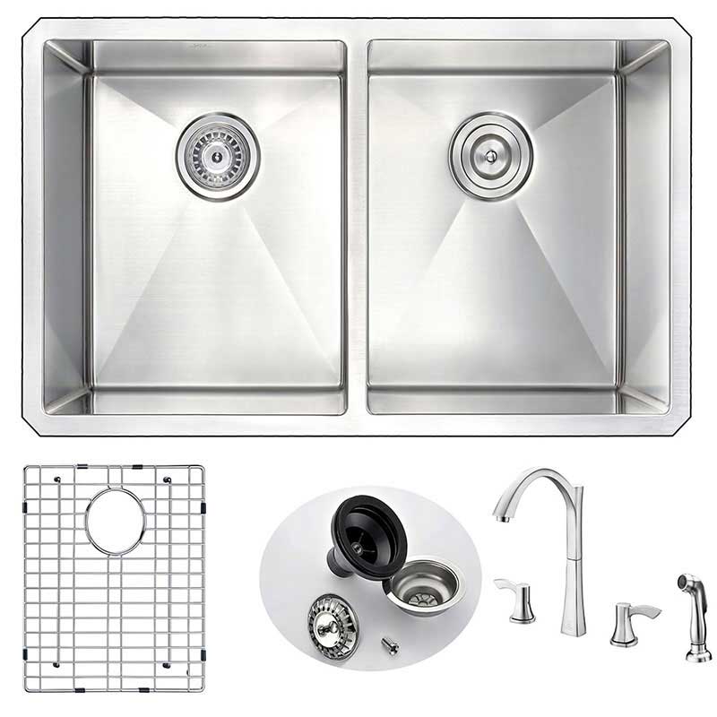 Anzzi VANGUARD Undermount Stainless Steel 32 in. Double Bowl Kitchen Sink and Faucet Set with Soave Faucet in Polished Chrome