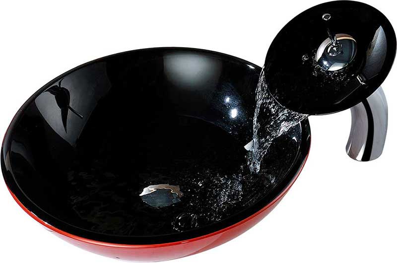 Anzzi Chord Series Deco-Glass Vessel Sink in Lustrous Black and Red with Matching Chrome Waterfall Faucet