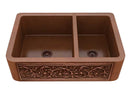 Anzzi Lamb Farmhouse Handmade Copper 33 in. 60/40 Double Bowl Kitchen Sink with Floral Design in Polished Antique Copper K-AZ249