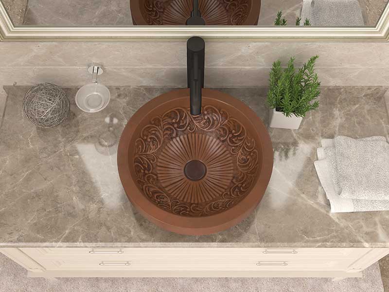 Anzzi Thessaly 17 in. Handmade Vessel Sink in Polished Antique Copper with Floral Design Interior BS-007 4