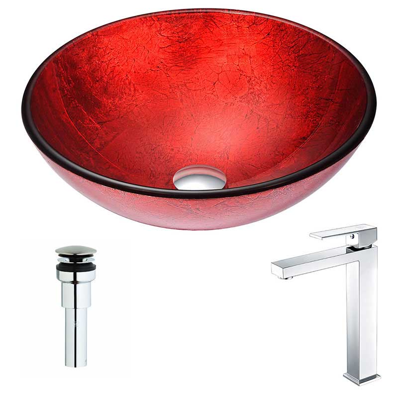 Anzzi Crown Series Deco-Glass Vessel Sink in Lustrous Red with Enti Faucet in Polished Chrome