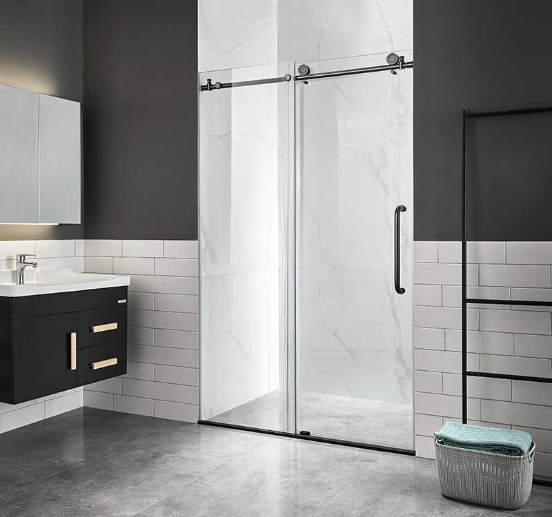Anzzi Madam Series 48 in. by 76 in. Frameless Sliding Shower Door in Matte Black with Handle SD-AZ13-01MB