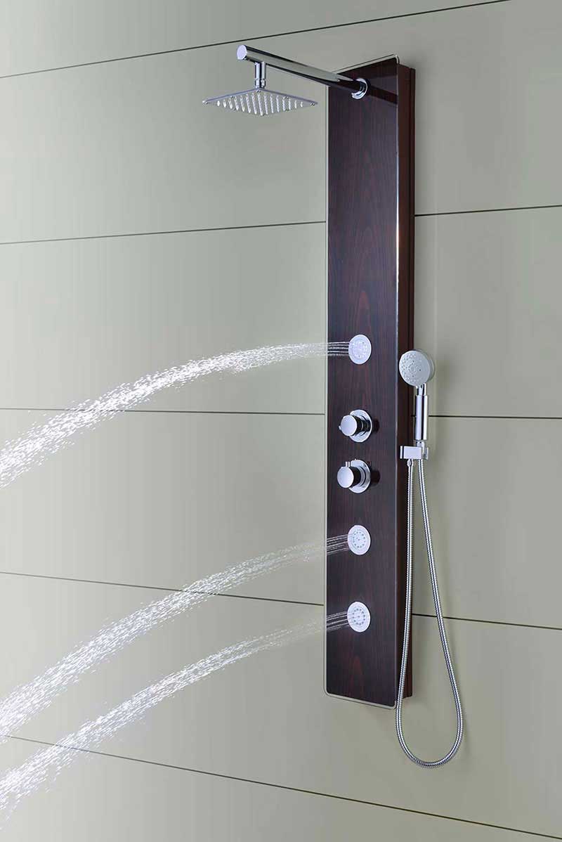 Anzzi Pure 59 in. 3-Jetted Full Body Shower Panel with Heavy Rain Shower and Spray Wand in Mahogany Style Deco-Glass 12