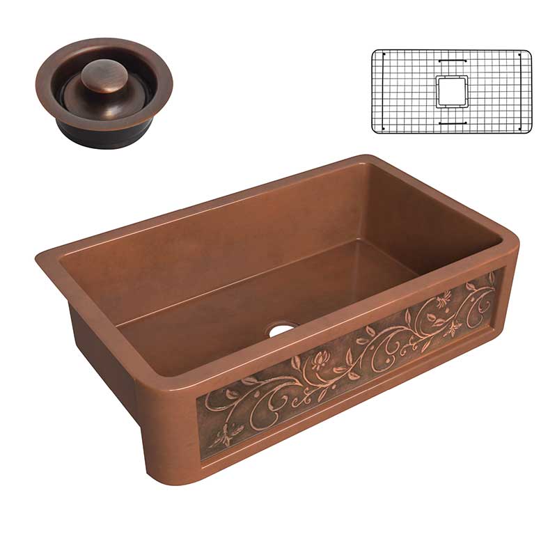 Anzzi Mytilene Farmhouse Handmade Copper 36 in. 0-Hole Single Bowl Kitchen Sink with Floral Design Panel in Polished Antique Copper SK-005