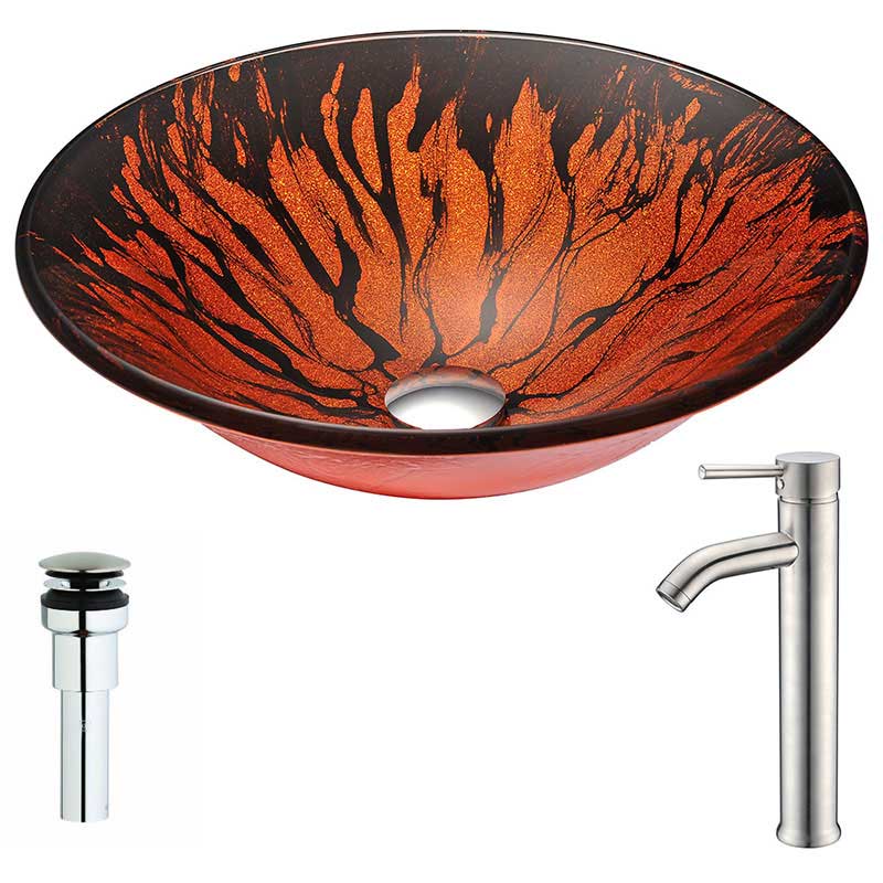 Anzzi Forte Series Deco-Glass Vessel Sink in Lustrous Red and Black with Fann Faucet in Brushed Nickel