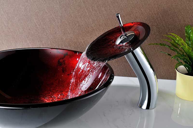 Anzzi Marumba Deco-Glass Vessel Sink in Tempered Red and Black with Matching Chrome Waterfall Faucet LS-AZ8089 7