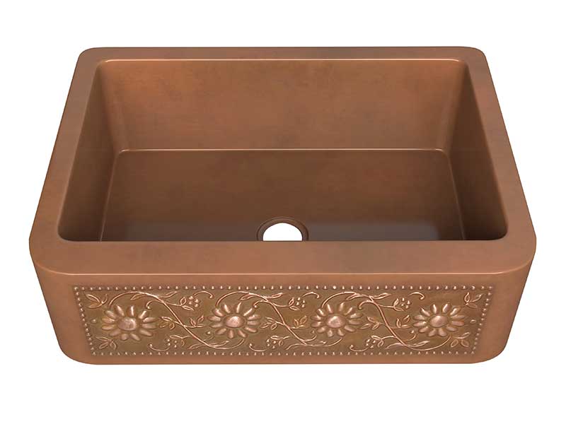 Anzzi Cilicia Farmhouse Handmade Copper 30 in. 0-Hole Single Bowl Kitchen Sink with Daisy Design Panel in Polished Antique Copper SK-015 7
