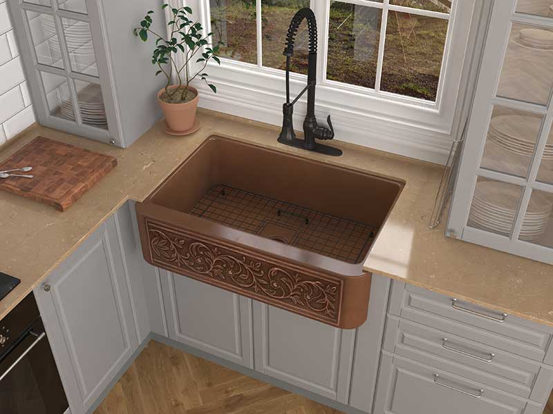 Anzzi Lahar Farmhouse Handmade Copper 33 in. 0-Hole Single Bowl Kitchen Sink with Floral Design Panel in Polished Antique Copper K-AZ247 3