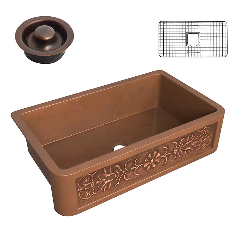 Anzzi Thracian Farmhouse Handmade Copper 36 in. 0-Hole Single Bowl Kitchen Sink with Flower Design Panel in Polished Antique Copper SK-017