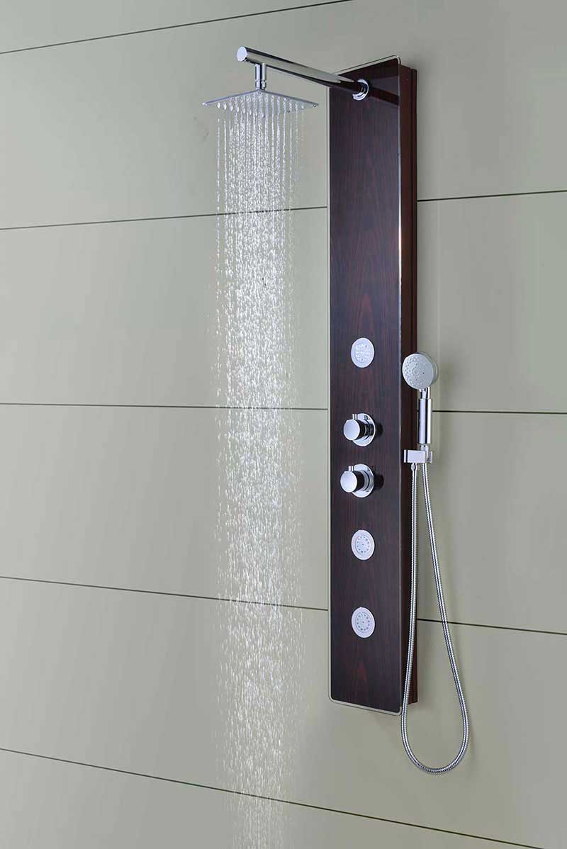 Anzzi Pure 59 in. 3-Jetted Full Body Shower Panel with Heavy Rain Shower and Spray Wand in Mahogany Style Deco-Glass 13